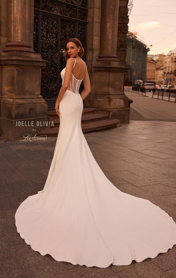 Picture of: Fitted Luxe Jersey Wedding Dress with Corset Top and Slit in ivory, Style: J2230, Back Picture