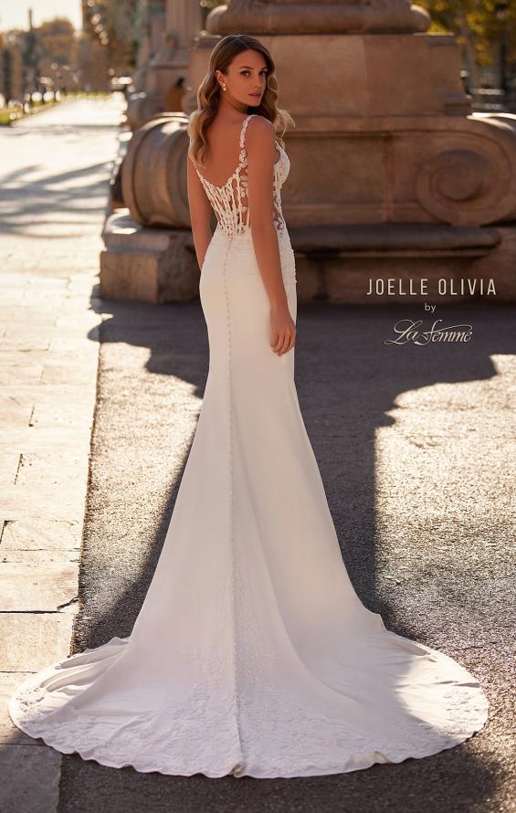 Picture of: Luxe Jersey Wedding Gown with Lace Bustier Illusion Bodice and Sheer Back in ivory, Style: J2232, Back Picture