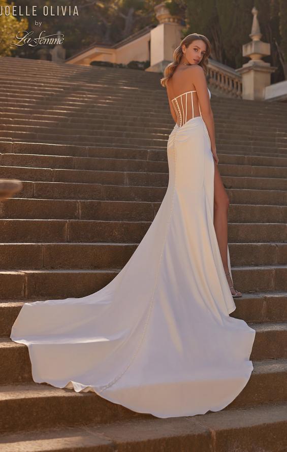 Picture of: Satin Strapless Wedding Dress with Ruching and Illusion Corset Back in ivory, Style: J2239, Back Picture