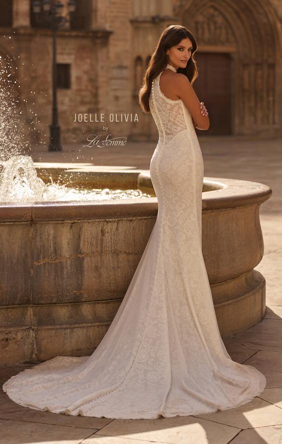 Picture of: High Neck Lace Fit and Flare Wedding Dress with Sheer Back in ivory, Style: J2323, Back Picture