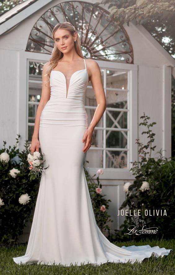 Picture of: Plunge Neck Ruched Dress with Lace Up Back in ivory, Style: J2087, Detail Picture 1