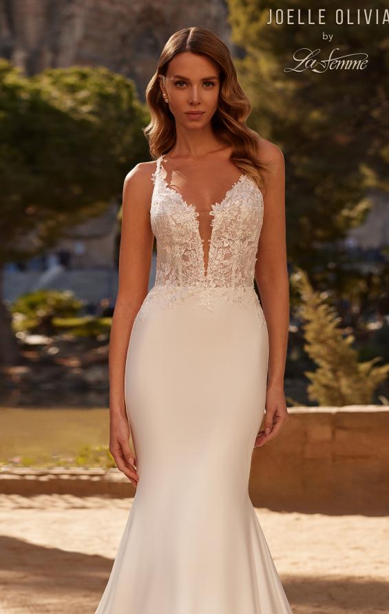 Picture of: Gorgeous Luxe Jersey Wedding Dress with Illusion Lace Bodice and Open Low Back in ivory, Style: J2118, Detail Picture 1