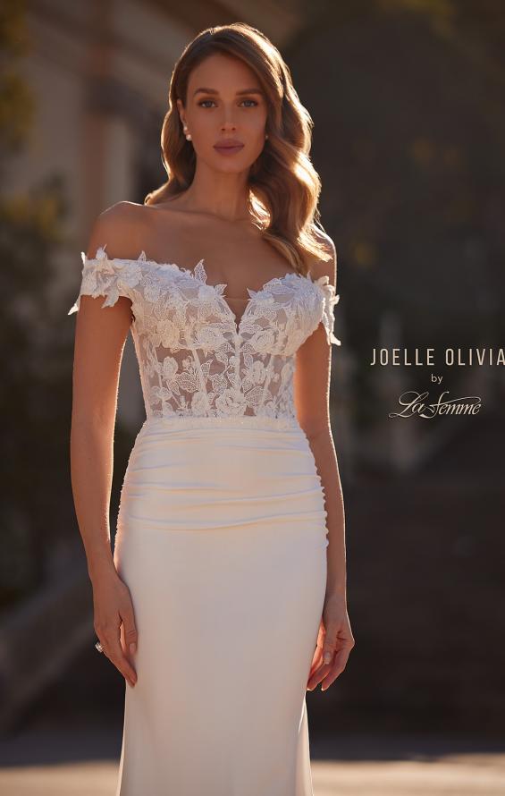 Picture of: Off the Shoulder Wedding Gown with Lace Illusion Bodice and Luxe Jersey Skirt in ivory, Style: J2163, Detail Picture 1