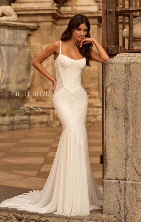 Picture of: Sheer Corset Mermaid Wedding Dress with Ruched Tulle Skirt in ivory, Style: J2321, Detail Picture 1
