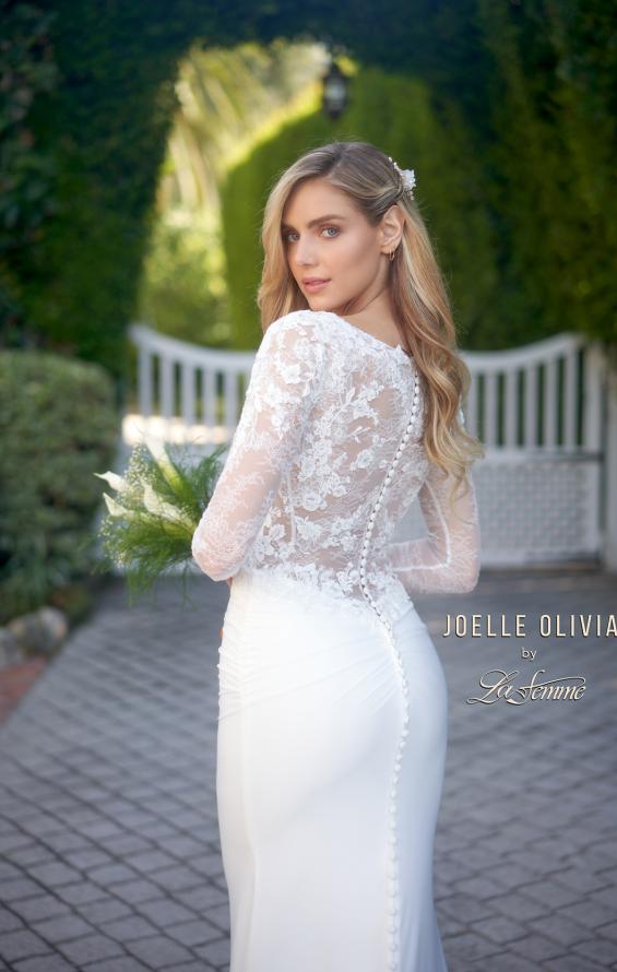 Picture of: Long Sleeve Gown with Lace Bodice and Plunge V Neck in ivory, Style: J2104, Detail Picture 2