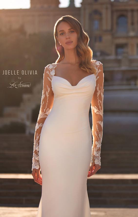 Picture of: Luxe Jersey Wedding Dress with Illusion Lace Long Sleeves and Draped Neckline in ivory, Style: J2220, Detail Picture 2