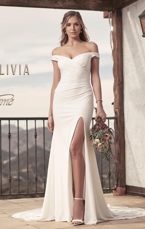 Picture of: Off the Shoulder Wedding Dress with Ruching and Slit in ivory, Style: J2004, Detail Picture 3, Landscape