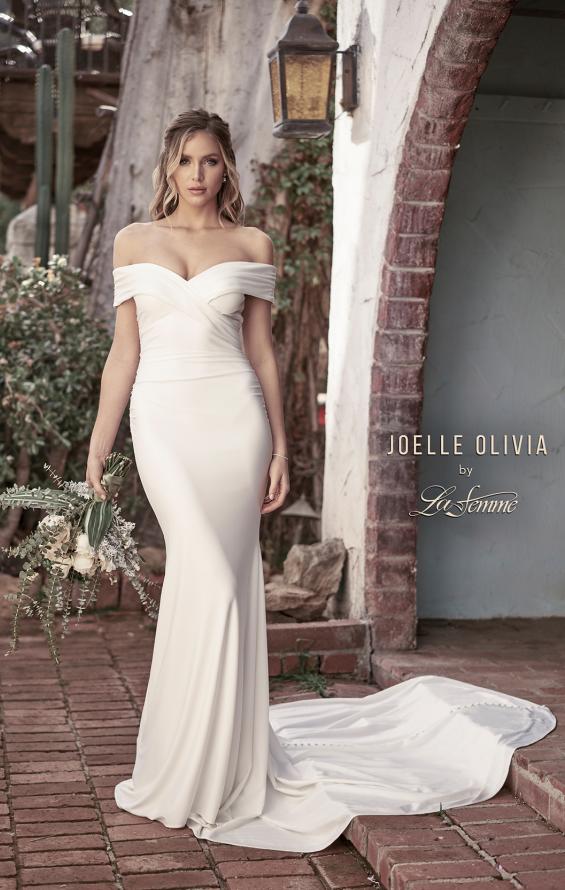 Picture of: Luxe Jersey Off the Shoulder Gown with Ruching in ivory, Style: J2013, Detail Picture 3