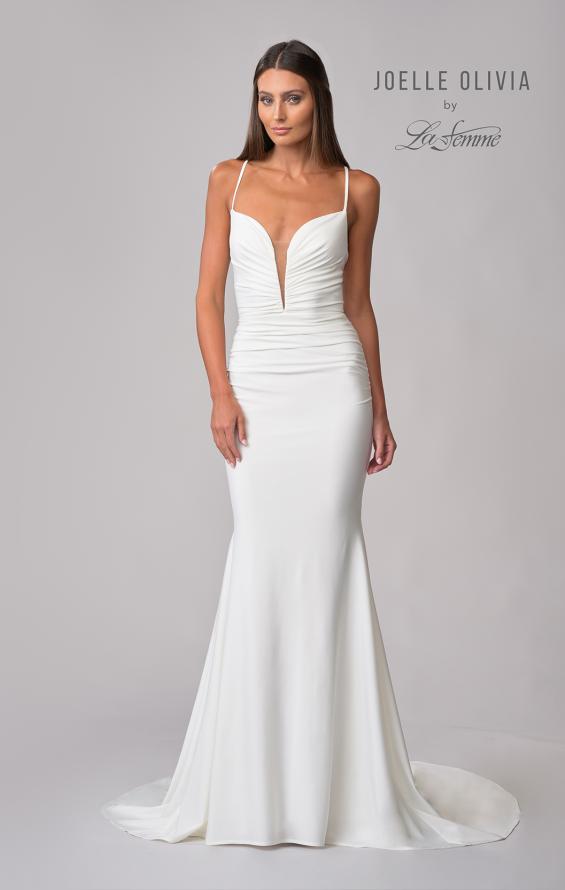 Picture of: Plunge Neck Ruched Dress with Lace Up Back in ivory, Style: J2087, Detail Picture 3
