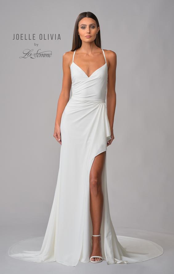 Picture of: Luxe Jersey Gown with Lace Back Details and Buttons in ivory, Style: J2098, Detail Picture 3
