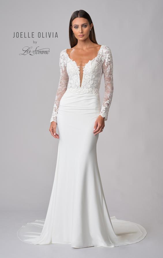 Picture of: Long Sleeve Gown with Lace Bodice and Plunge V Neck in ivory, Style: J2104, Detail Picture 3