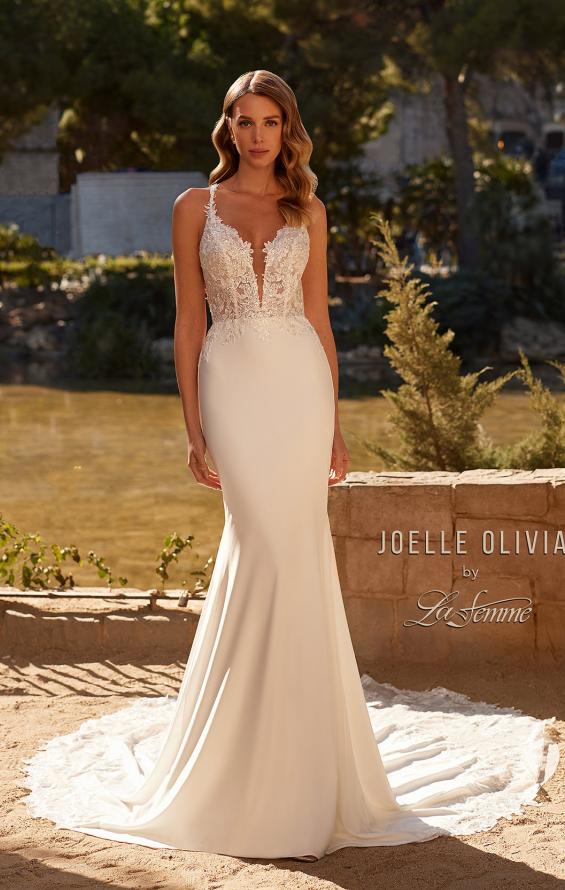 Picture of: Gorgeous Luxe Jersey Wedding Dress with Illusion Lace Bodice and Open Low Back in ivory, Style: J2118, Detail Picture 3