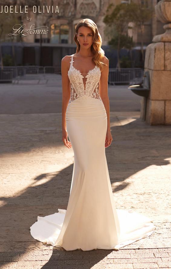 Picture of: Unique Lace and Luxe Jersey Dress with Deep V Neckline and Illusion Lace Sides in ivory, Style: J2202, Detail Picture 3