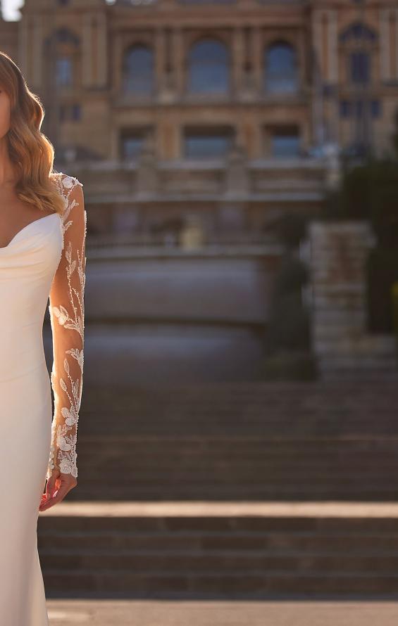Picture of: Luxe Jersey Wedding Dress with Illusion Lace Long Sleeves and Draped Neckline in ivory, Style: J2220, Detail Picture 3, Landscape