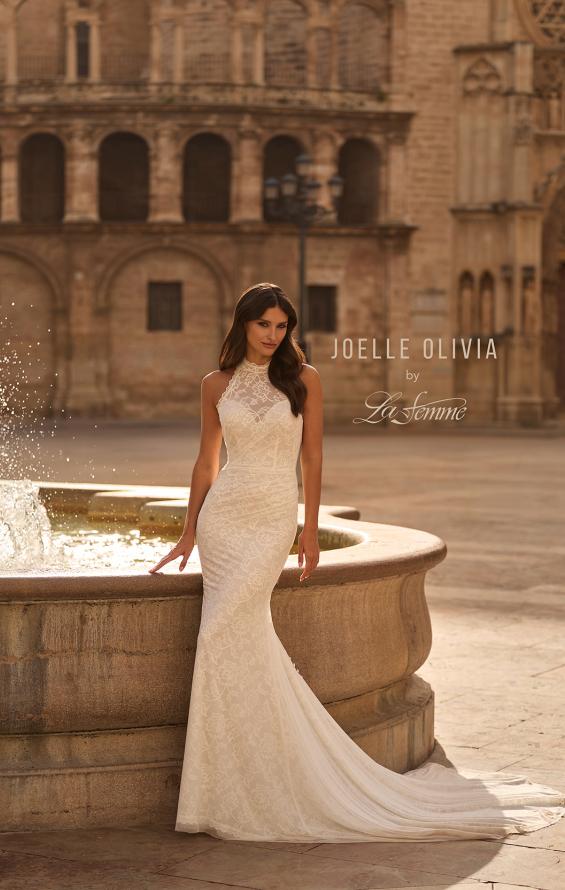 Picture of: High Neck Lace Fit and Flare Wedding Dress with Sheer Back in ivory, Style: J2323, Detail Picture 3