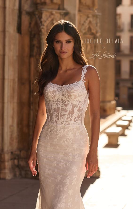 Picture of: Floral Lace Wedding Dress with Sheer Bodice and Open Back in ivory, Style: J2338, Detail Picture 3