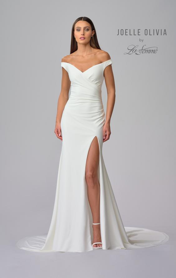 Picture of: Off the Shoulder Wedding Dress with Ruching and Slit in ivory, Style: J2004, Detail Picture 4