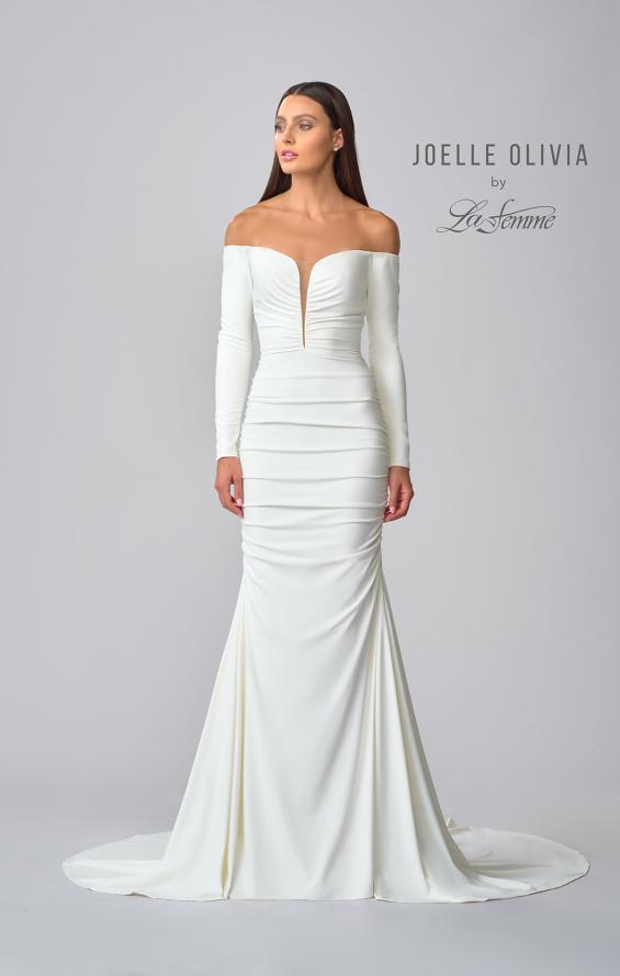 Picture of: Long Sleeve Plunge Neck Gown with Off the Shoulder Top in ivory, Style: J2033, Detail Picture 4