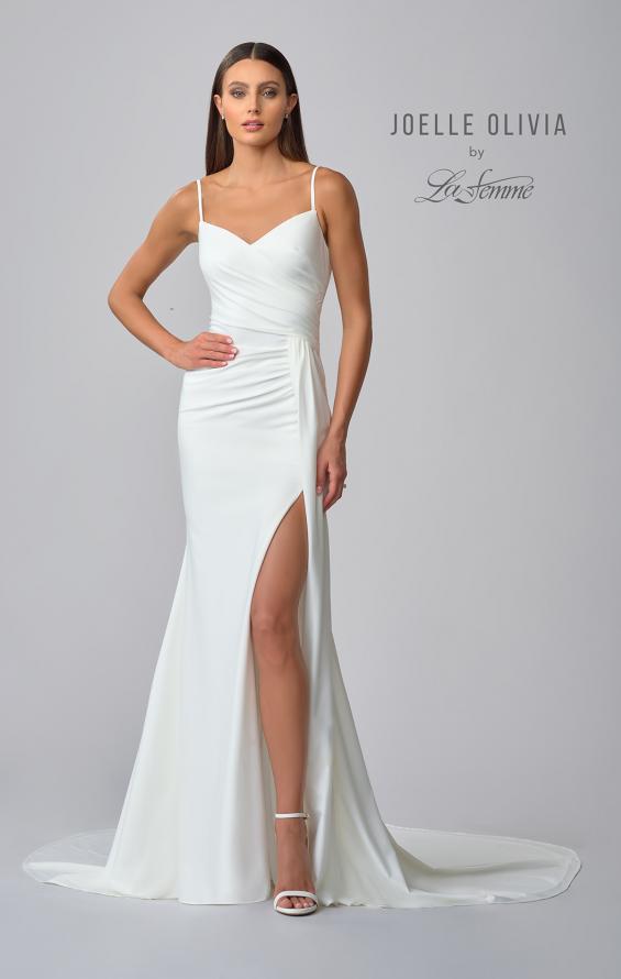 Picture of: Classic Luxe Knit Wedding Gown with Draped Slit Detail in ivory, Style: J2034, Detail Picture 4