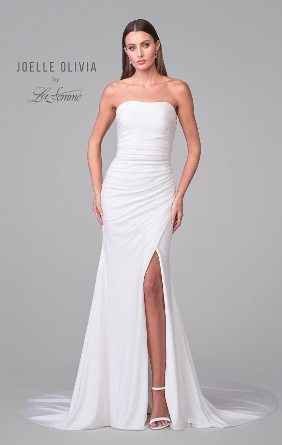 Picture of: Strapless Ruched Luxe Jersey Wedding Dress with Slit and Back Buttons in ivory, Style: J2073, Detail Picture 4