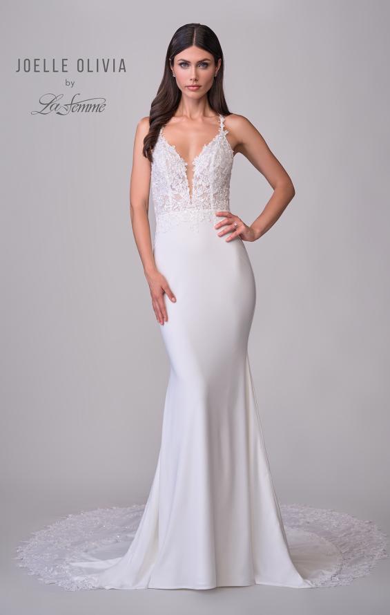 Picture of: Gorgeous Luxe Jersey Wedding Dress with Illusion Lace Bodice and Open Low Back in ivory, Style: J2118, Detail Picture 4