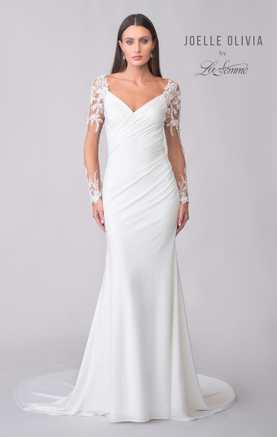 Picture of: Luxe Jersey Gown with Illusion Lace Long Sleeves and Ruching Detail in ivory, Style: J2122, Detail Picture 4