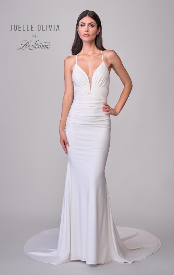 Picture of: Chic Luxe Jersey Dress with Deep V Neckline and Ruched Waist Detail in ivory, Style: J2128, Detail Picture 4