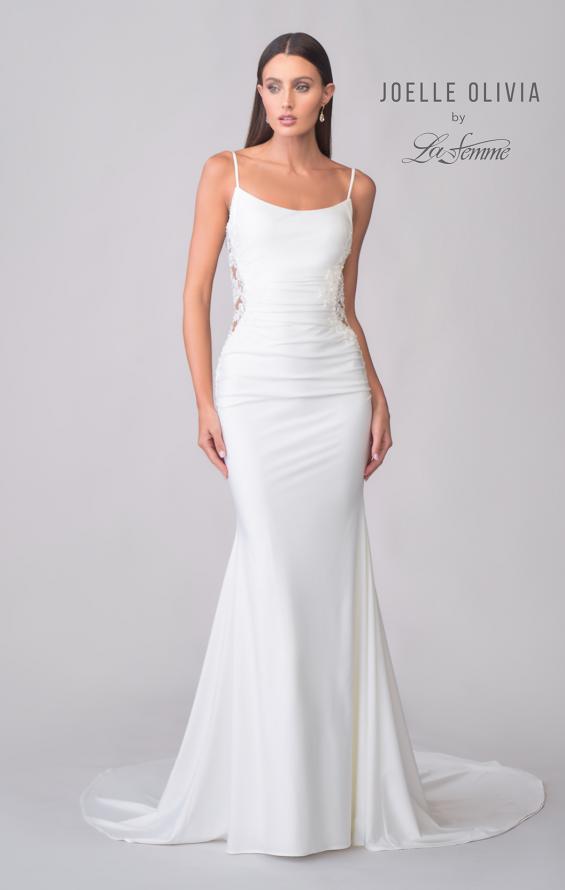 Picture of: Luxe Jersey Wedding Dress with Lace Illusion Back and Ruching in Ivory, Style: J2133, Detail Picture 4