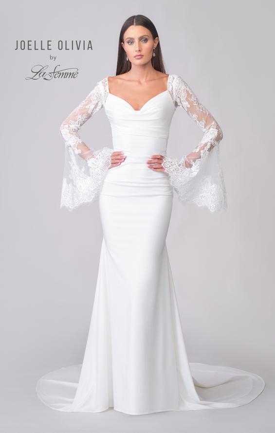 Picture of: Stunning Luxe Jersey Gown with Lace Bell Sleeves and Unique Button Up Back in ivory, Style: J2150, Detail Picture 4