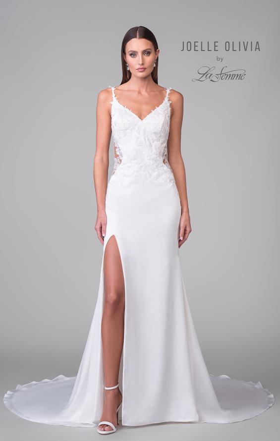 Picture of: Satin Gown with Slit and Lace Applique Bodice and Illusion Back in ivory, Style: J2158, Detail Picture 4