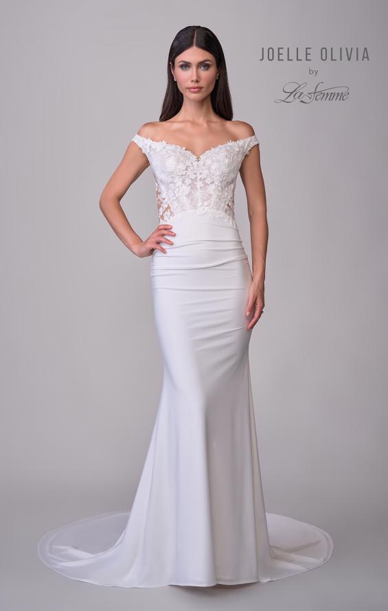 Picture of: Off the Shoulder Destination Wedding Dress with Lace Bodice and Illusion Back in ivory, Style: J2166, Detail Picture 4