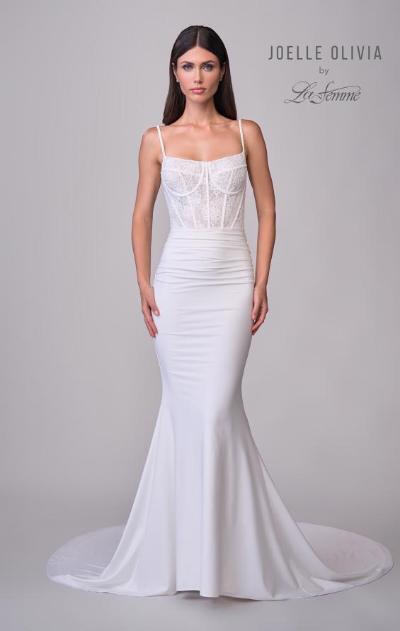 Picture of: Ruched Luxe Jersey Wedding Dress with Illusion Lace Corset Top in ivory, Style: J2172, Detail Picture 4