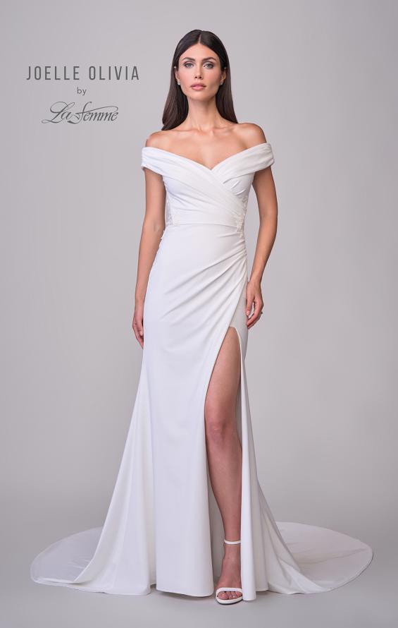 Picture of: Off the Shoulder Luxe Jersey Dress with Ruched Bodice and Illusion Lace Back in ivory, Style: J2181, Detail Picture 4