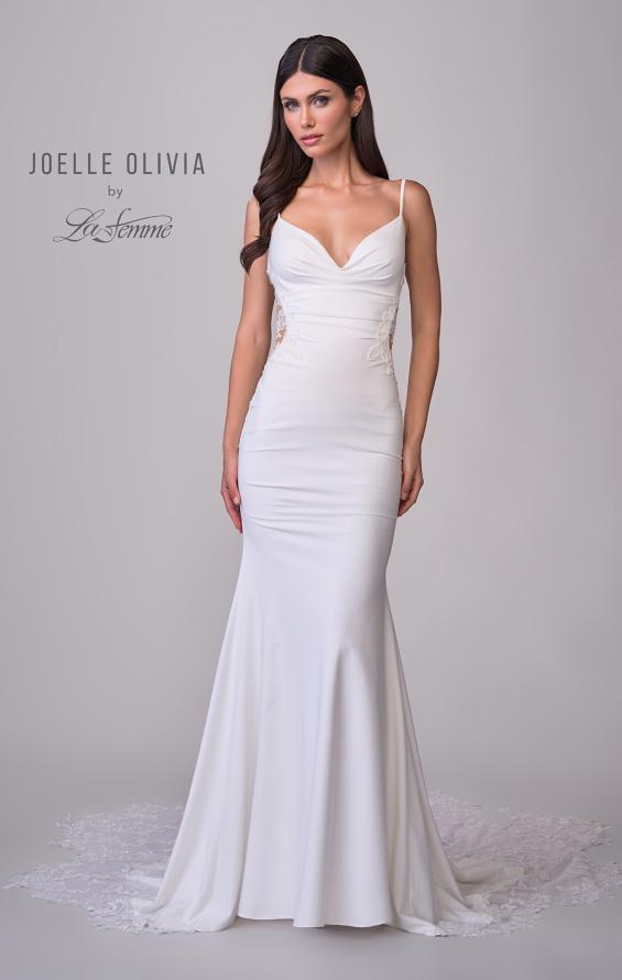 Picture of: Luxe Jersey Wedding Gown with Draped Neckline and Lace Illusion Back in ivory, Style: J2200, Detail Picture 4