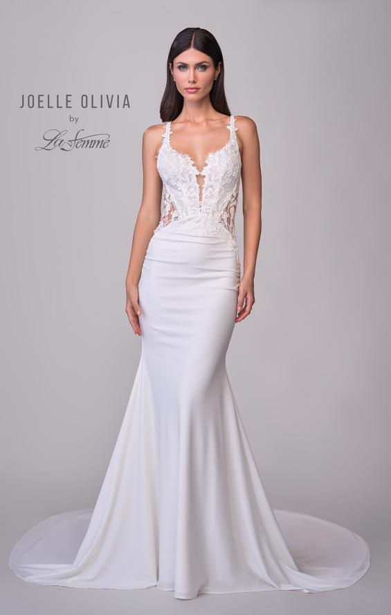 Picture of: Unique Lace and Luxe Jersey Dress with Deep V Neckline and Illusion Lace Sides in ivory, Style: J2202, Detail Picture 4