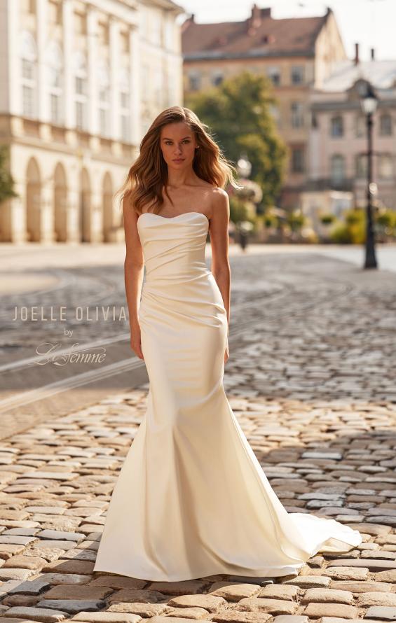 Picture of: Strapless Satin Fit and Flare Wedding Dress with Corset Back in ivory, Style: J2277, Detail Picture 4