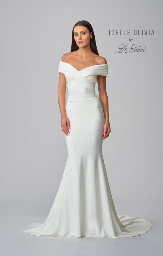 Picture of: Luxe Jersey Off the Shoulder Gown with Ruching in ivory, Style: J2013, Detail Picture 5