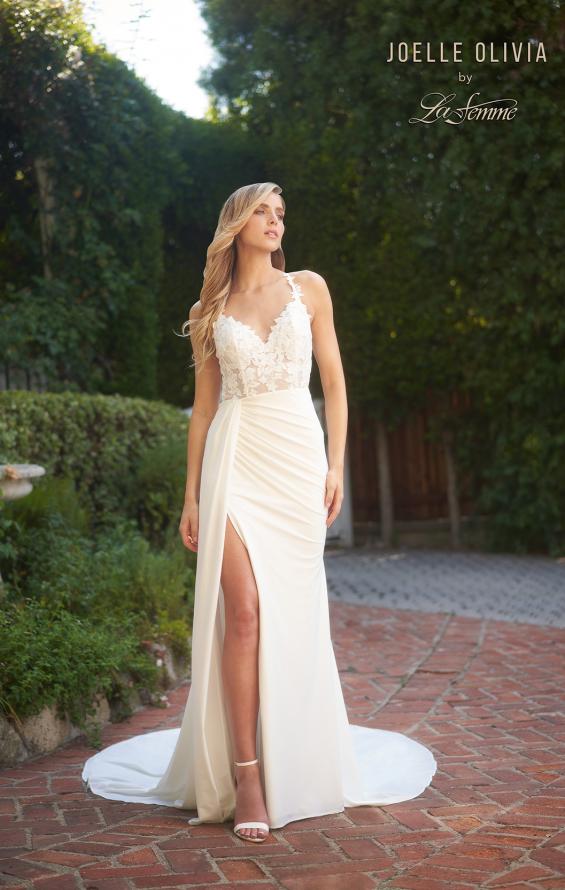 Picture of: Elegant Luxe Jersey Gown with Lace Bodice and Slit in ivory, Style: J2102, Detail Picture 5