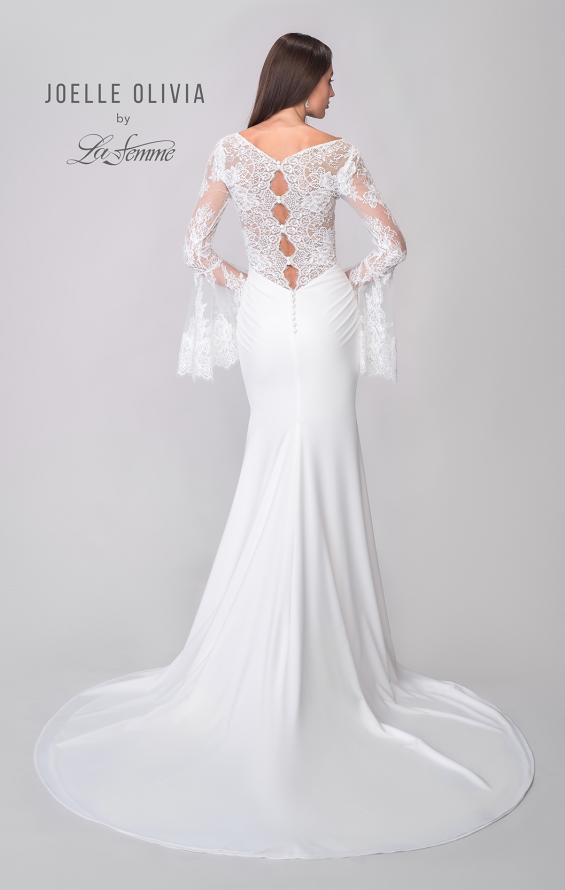 Picture of: Stunning Luxe Jersey Gown with Lace Bell Sleeves and Unique Button Up Back in ivory, Style: J2150, Detail Picture 5