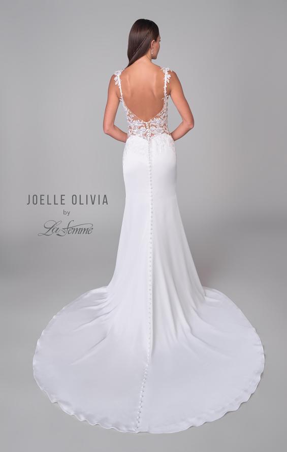 Picture of: Satin Gown with Slit and Lace Applique Bodice and Illusion Back in ivory, Style: J2158, Detail Picture 5