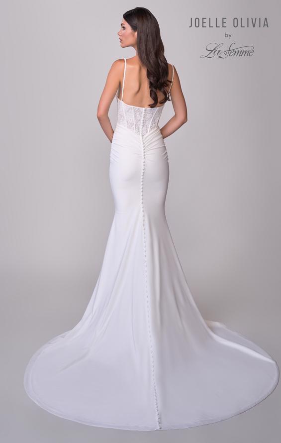 Picture of: Ruched Luxe Jersey Wedding Dress with Illusion Lace Corset Top in ivory, Style: J2172, Detail Picture 5