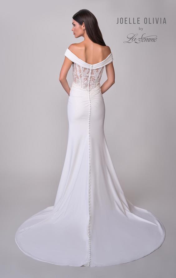 Picture of: Off the Shoulder Luxe Jersey Dress with Ruched Bodice and Illusion Lace Back in ivory, Style: J2181, Detail Picture 5