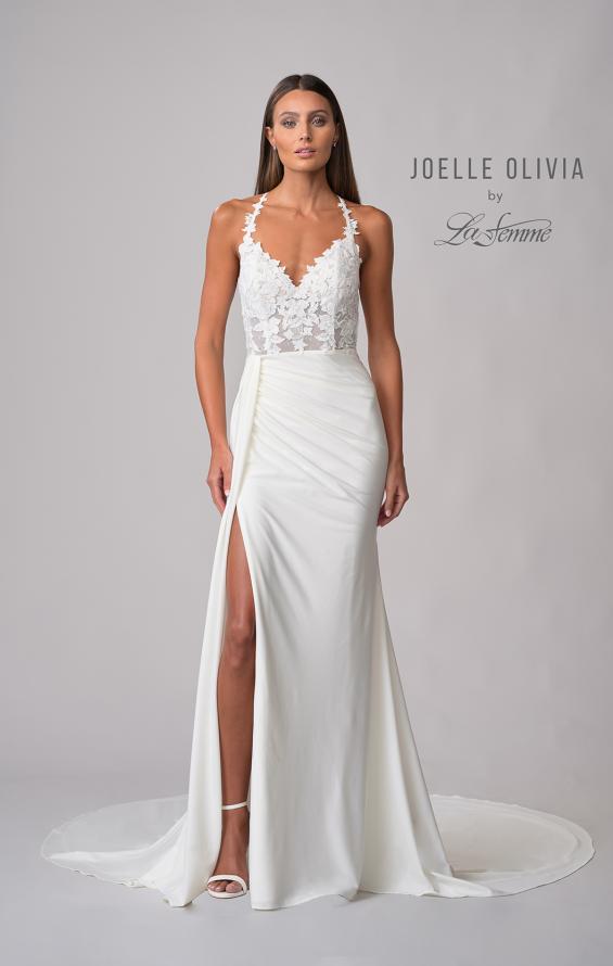Picture of: Elegant Luxe Jersey Gown with Lace Bodice and Slit in ivory, Style: J2102, Detail Picture 6