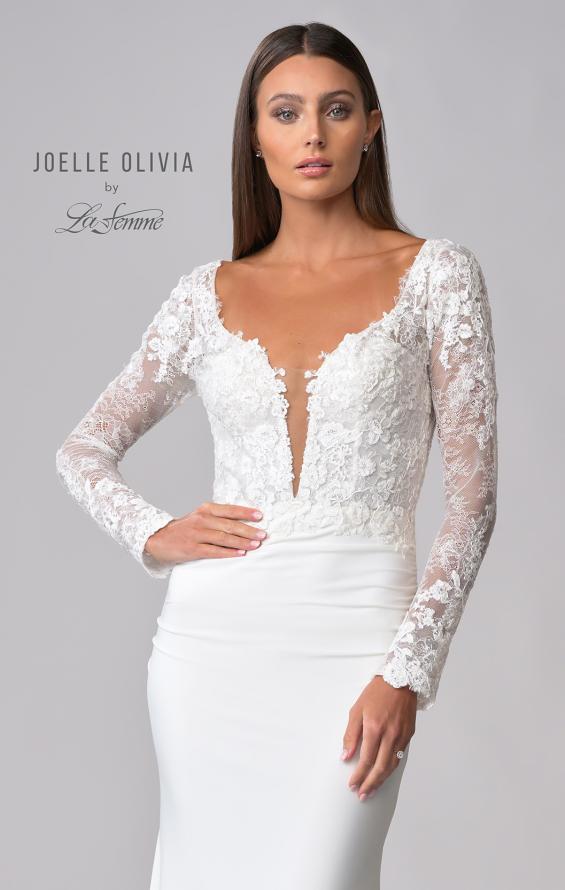 Picture of: Long Sleeve Gown with Lace Bodice and Plunge V Neck in ivory, Style: J2104, Detail Picture 6