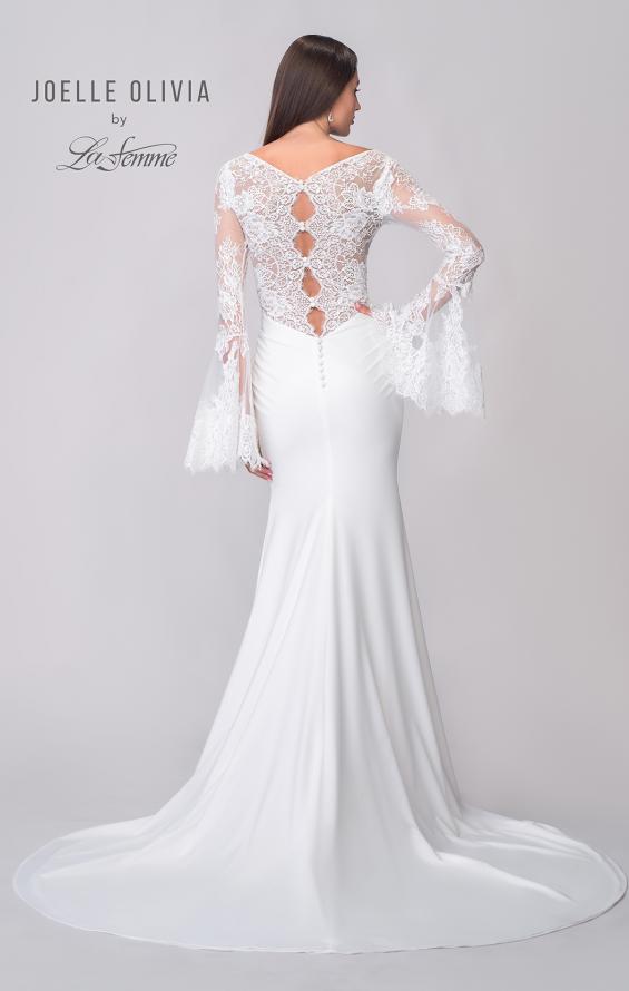 Picture of: Stunning Luxe Jersey Gown with Lace Bell Sleeves and Unique Button Up Back in ivory, Style: J2150, Detail Picture 6