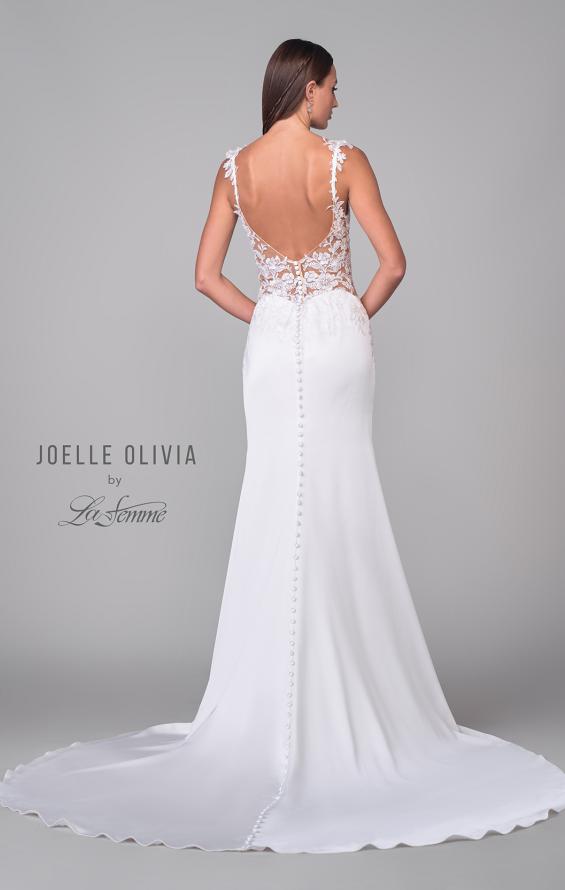Picture of: Satin Gown with Slit and Lace Applique Bodice and Illusion Back in ivory, Style: J2158, Detail Picture 6