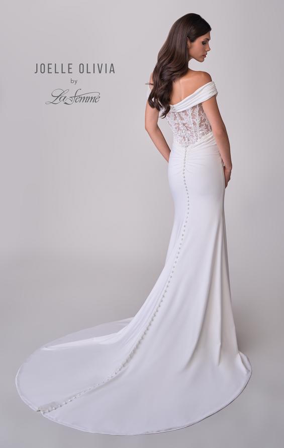 Picture of: Off the Shoulder Luxe Jersey Dress with Ruched Bodice and Illusion Lace Back in ivory, Style: J2181, Detail Picture 6