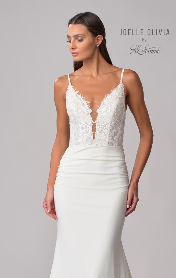 Picture of: Ruched Luxe Knit Dress with Deep V Lace Top in ivory, Style: J2028, Detail Picture 7