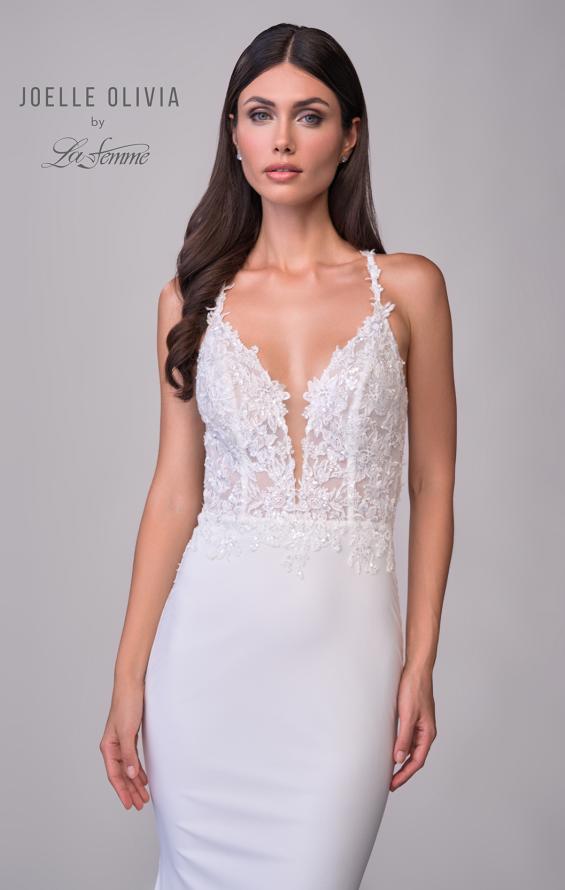 Picture of: Gorgeous Luxe Jersey Wedding Dress with Illusion Lace Bodice and Open Low Back in ivory, Style: J2118, Detail Picture 7