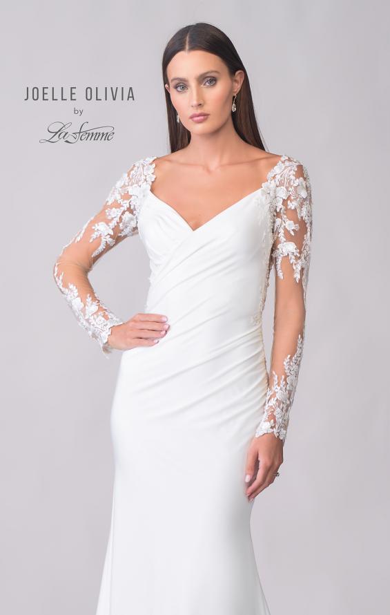 Picture of: Luxe Jersey Gown with Illusion Lace Long Sleeves and Ruching Detail in ivory, Style: J2122, Detail Picture 7